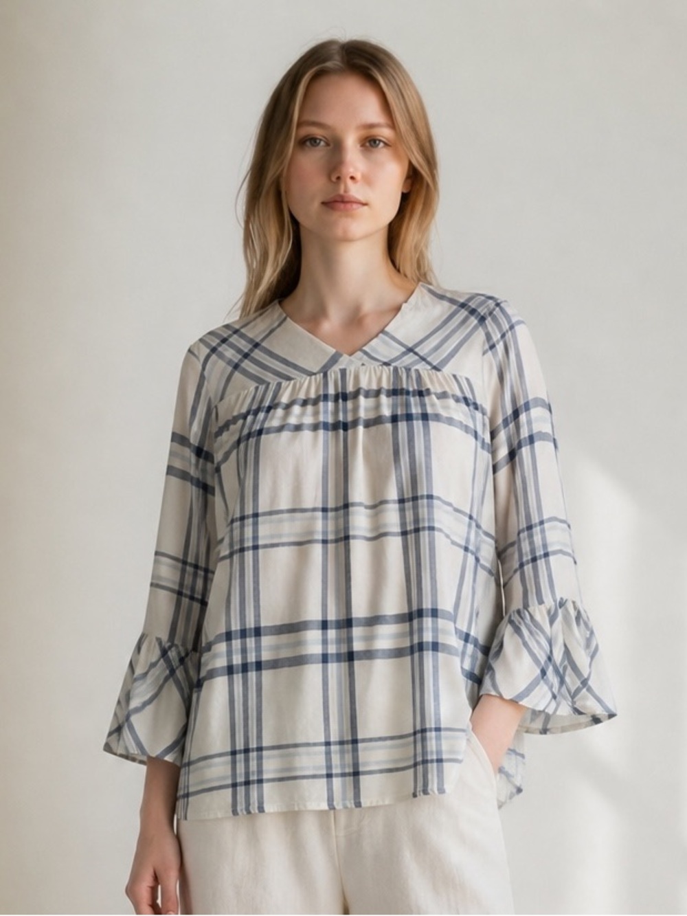 Orange Creek Cream and Blue Plaid V-Notch Bell Sleeve Blouse
